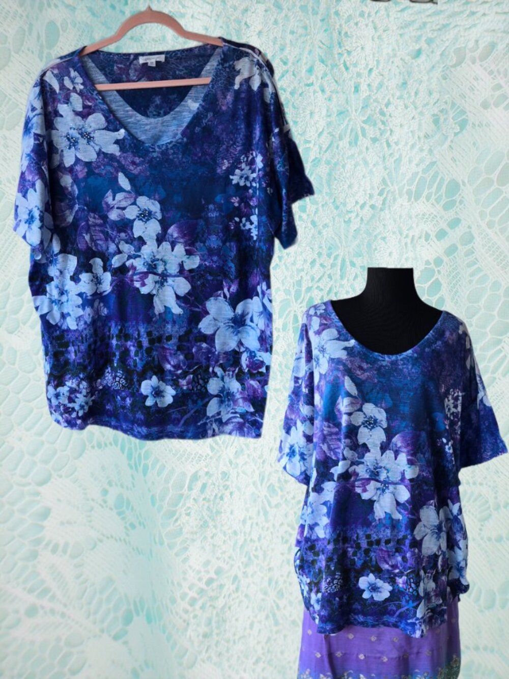 Floral Lilac & Blue Relaxed Boxy Short Sleeved Blouse Summer Boho Romantic XXL